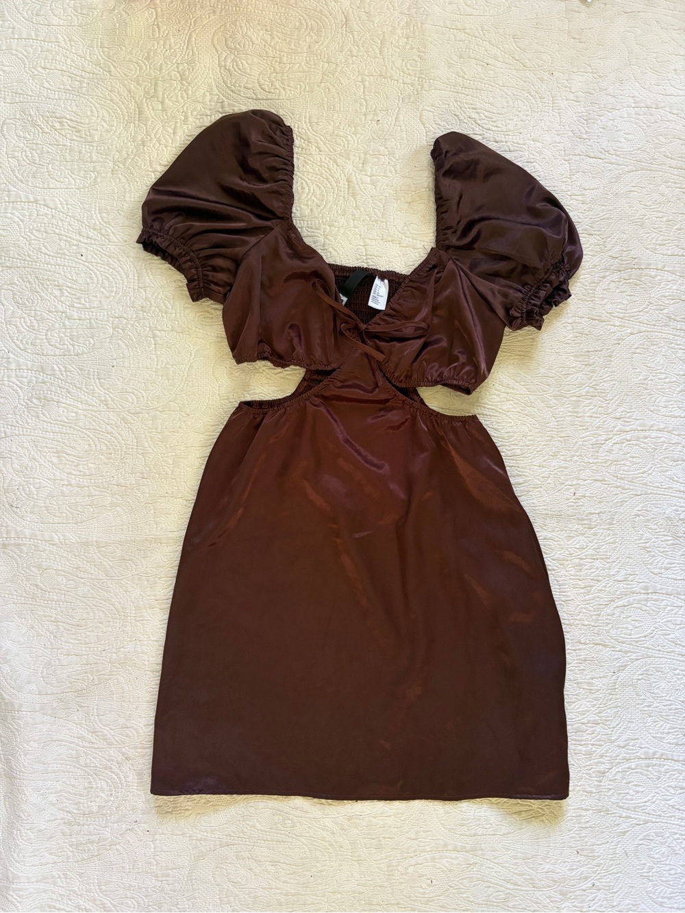Women’s Divided (H&M) Brown Puff-Sleeve Cutout Satin Dress - size small